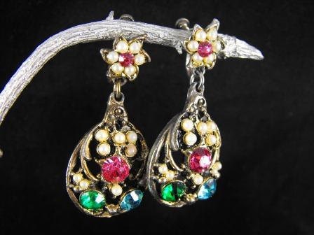 Vintage Earrings Multi Color Rhinestone Fruit Basket Danglers Sale 20.00