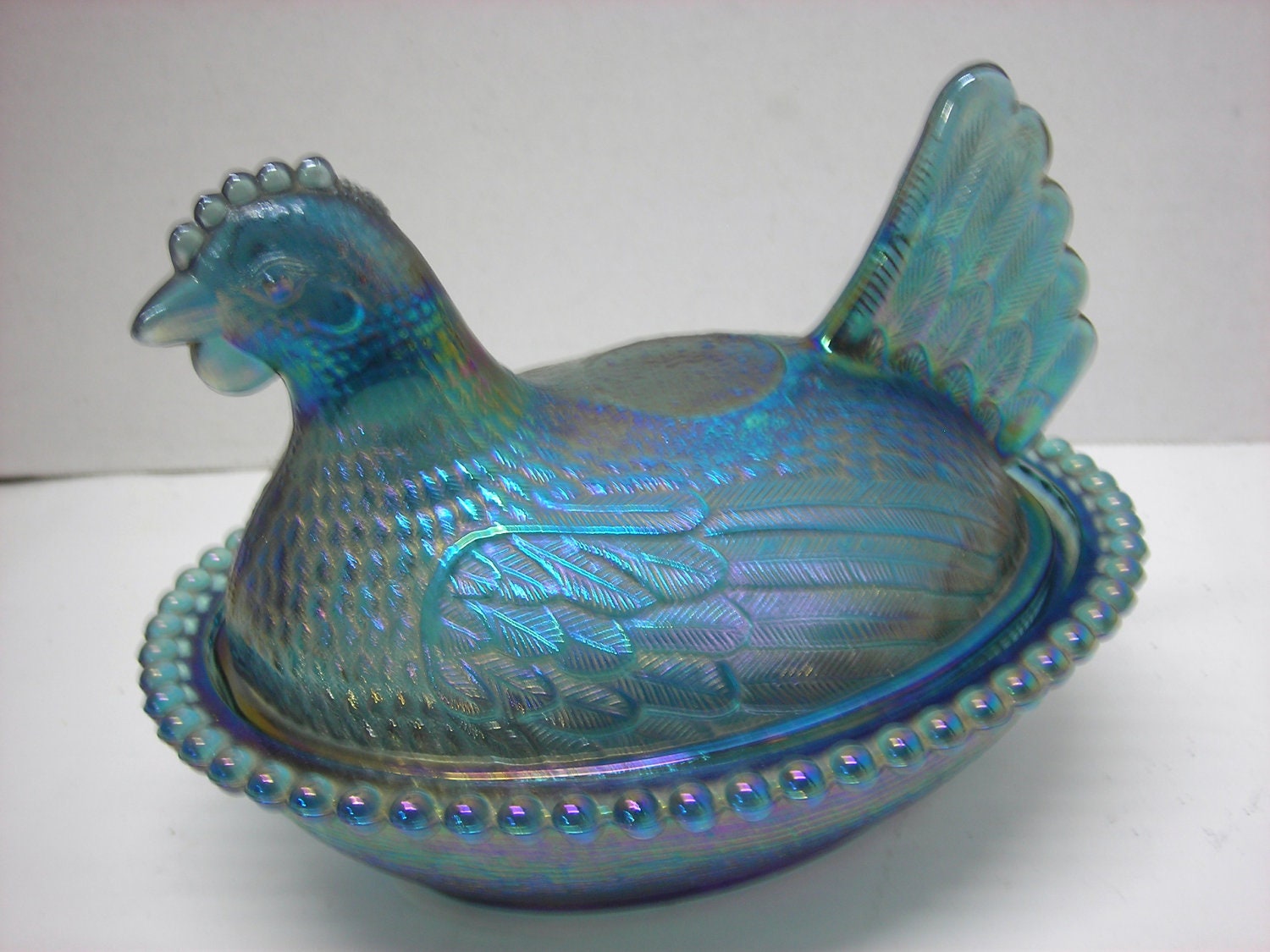 Vintage Blue Carnival Glass Nesting Chicken by vintagecathouse