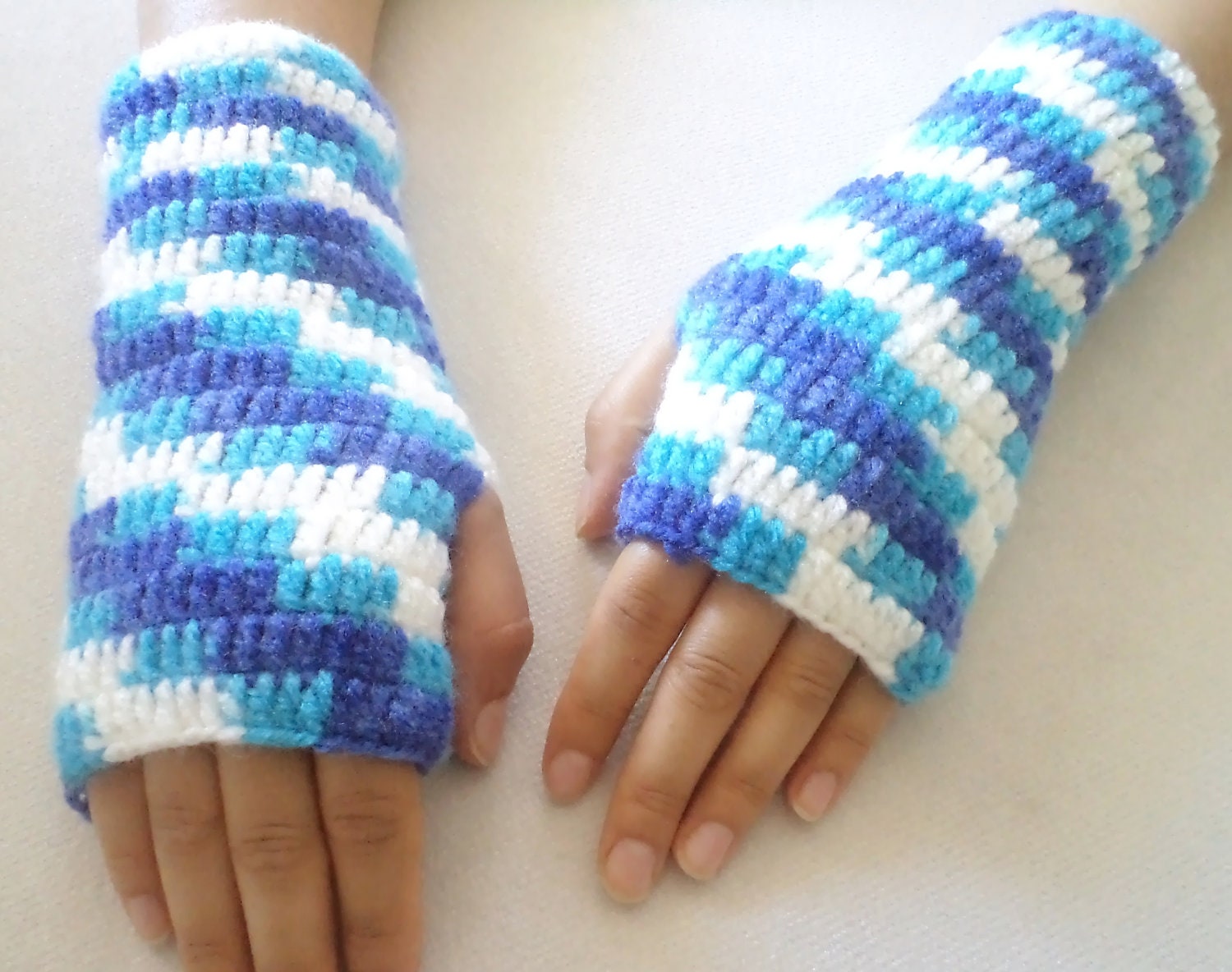 Gloves, Fingerless Blue and White hand crochet gloves, new trends. Handmade Gifts.