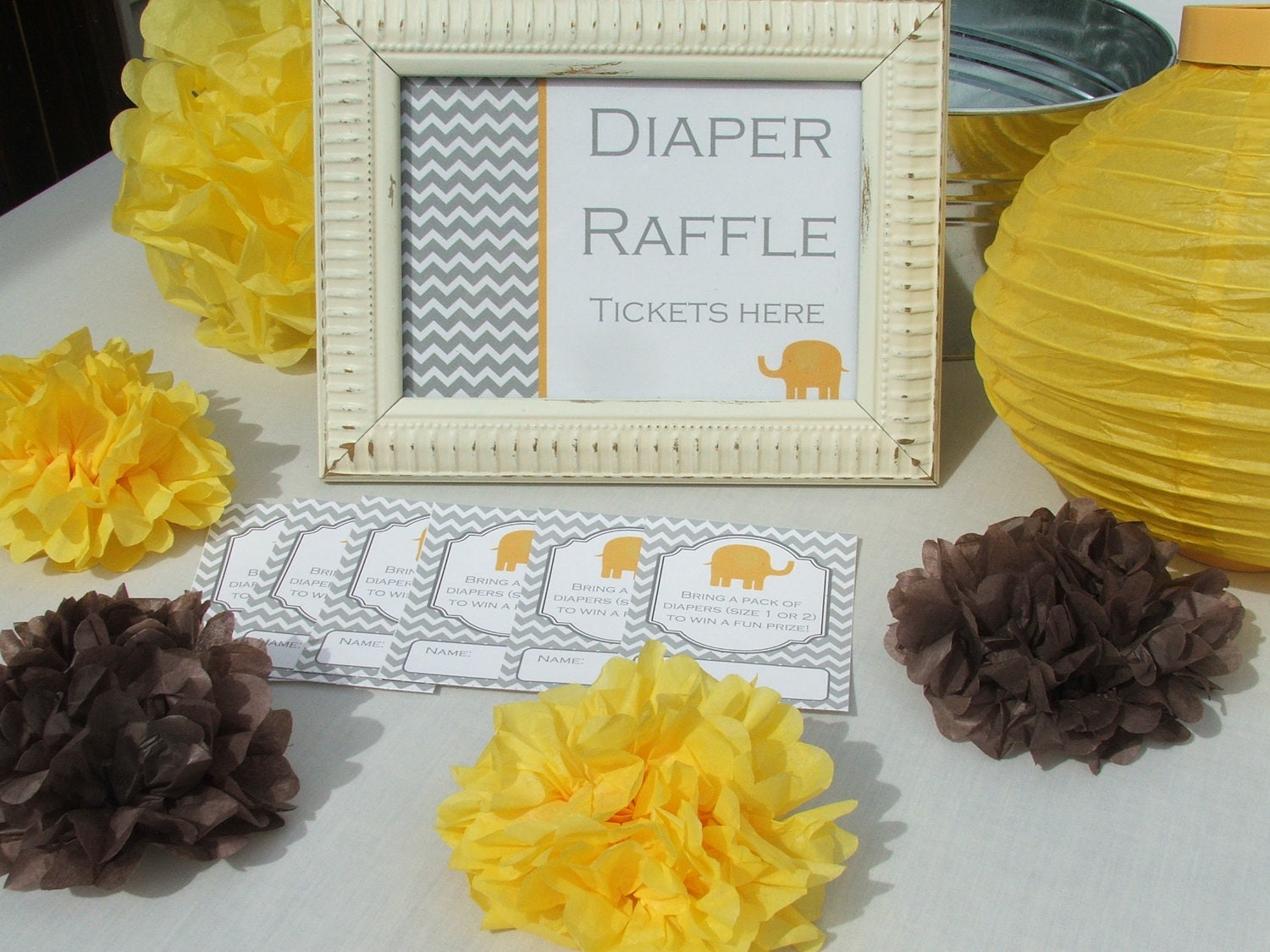 Diaper Raffle Ticket Baby Shower sign and invitation inserts Yellow Gray Elephant printable- instant download