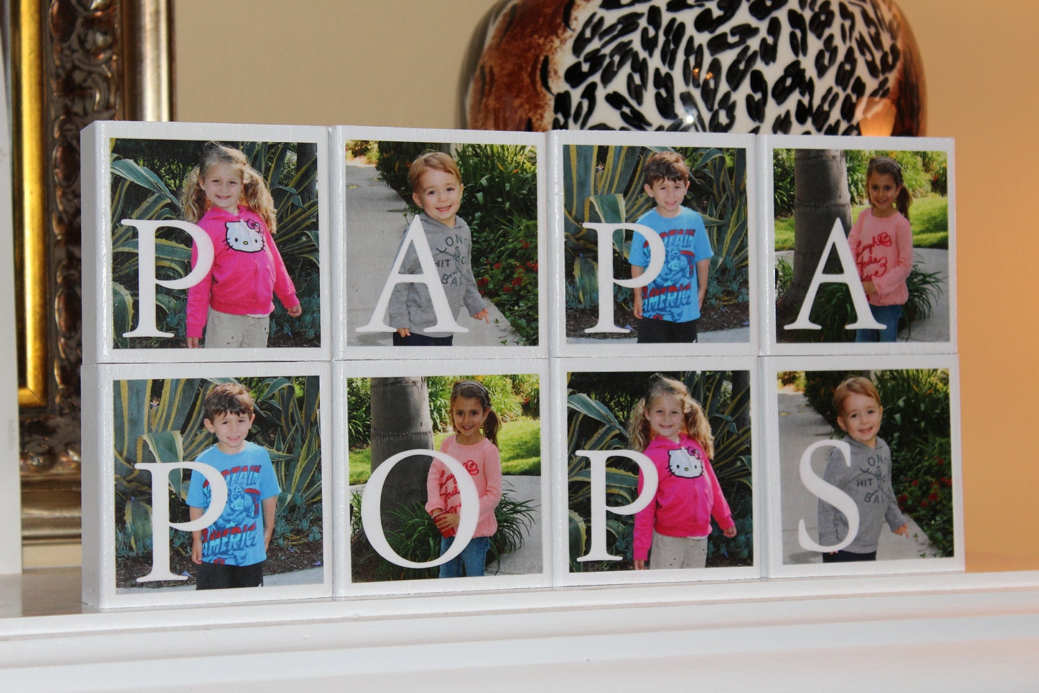 Fathers Day Gift for Dad Papa Pops Photo Blocks Family Name Sign Display Perfect Christmas Birthday Gift - Set of 4 Blocks