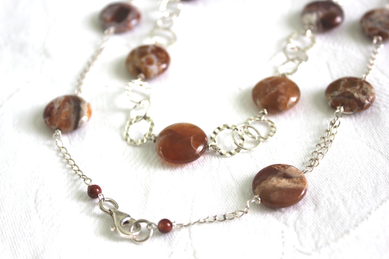Long Chain Necklace: earthy tone hand wire wrapped long sterling silver round links and brandy opal coin necklaceDesigner Fashion Jewelry