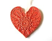Red Heart Valentine Ornament Wedding Gift Vintage Lace Pattern Ceramic Red Flower Plate  Organza Ribbon