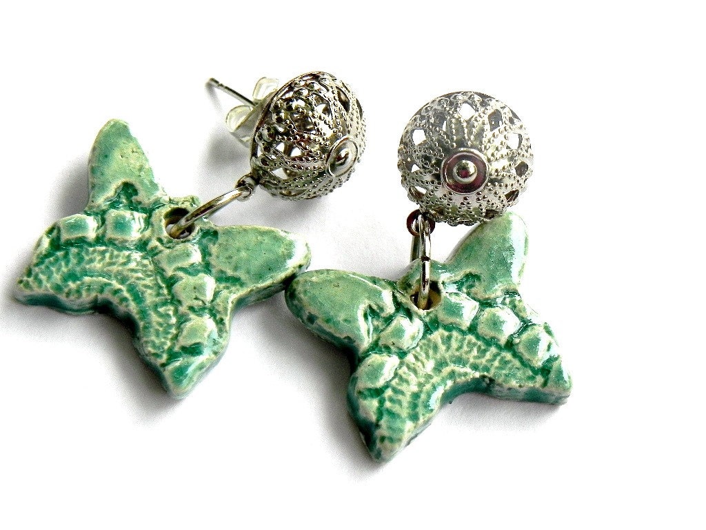 Butterfly Ceramic Earrings Mint Silver Plated Romantic Filigree Post Studs Eco Friendly Summer Lace PatternJewelry