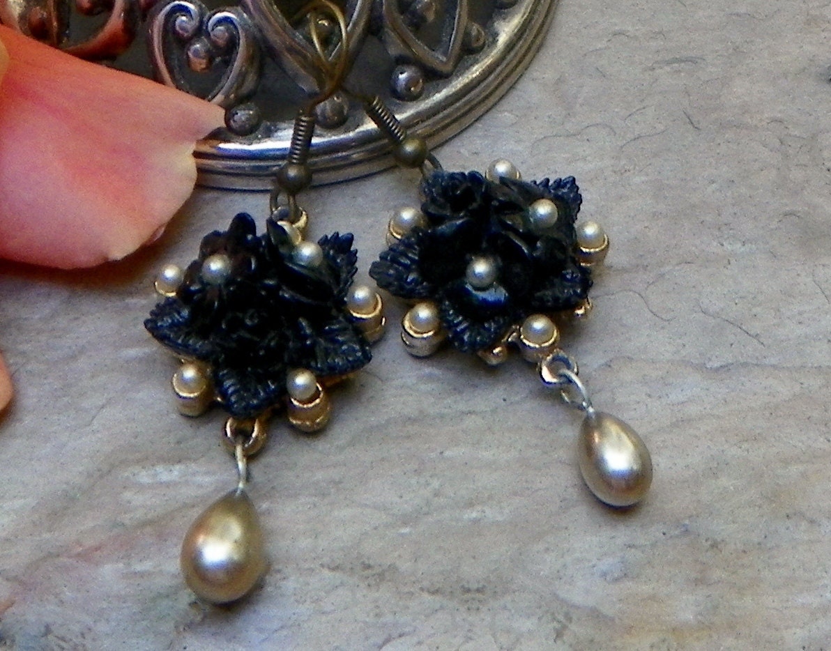 Victorian Black Carved Celluloid Rose Earrings