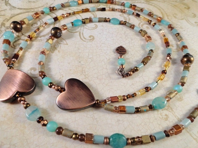 Warm Copper Hearts With Cool Aqua Beaded Double Strand Necklace, Hemimorphite Stone, Hearts, Copper And Aqua Glass Beads, Asymmetrical, OOAK