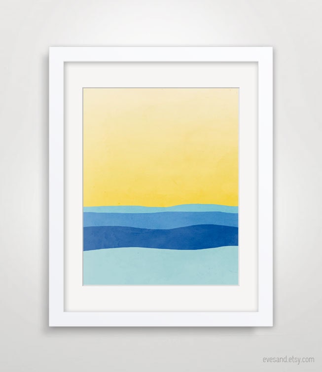 Abstract Art Print, Minimalist Poster, Abstract Landscape, Midcentury Modern Art, Summer, Beach - Blue and Yellow