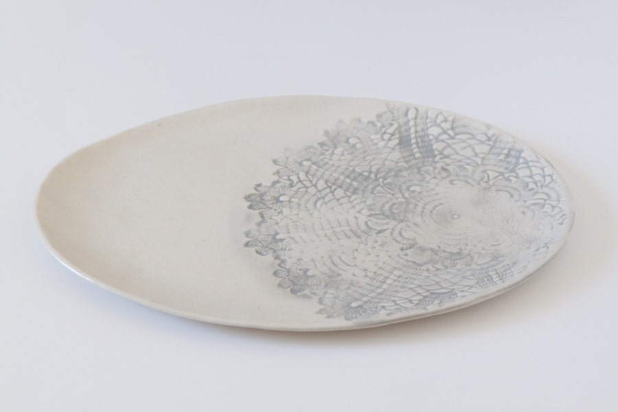 Large White Oval Platter with Gray Lace Detail