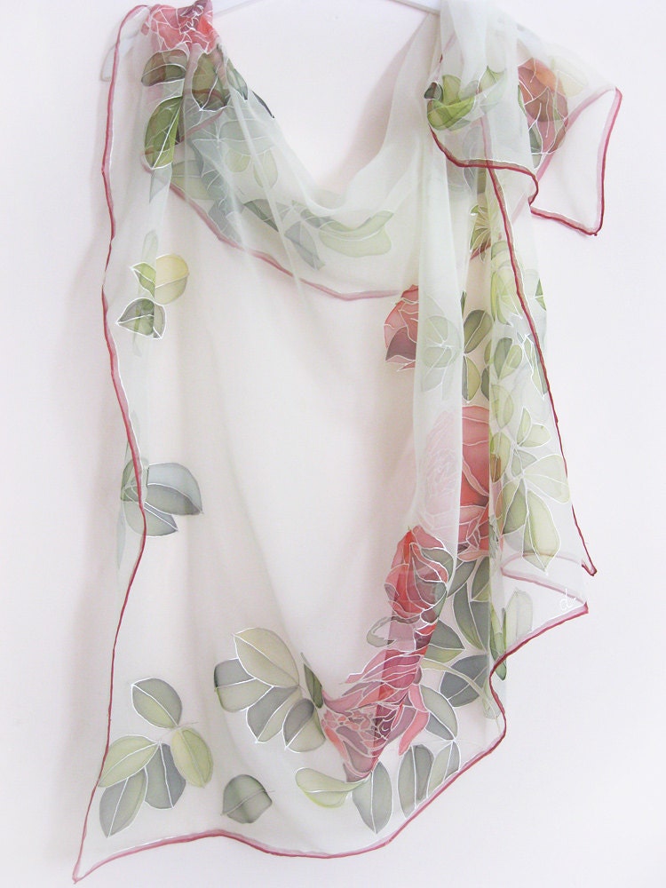 Hand painted Silk chiffon scarf Wedding accessories Red roses hand dyed - made TO ORDER - DEsilk
