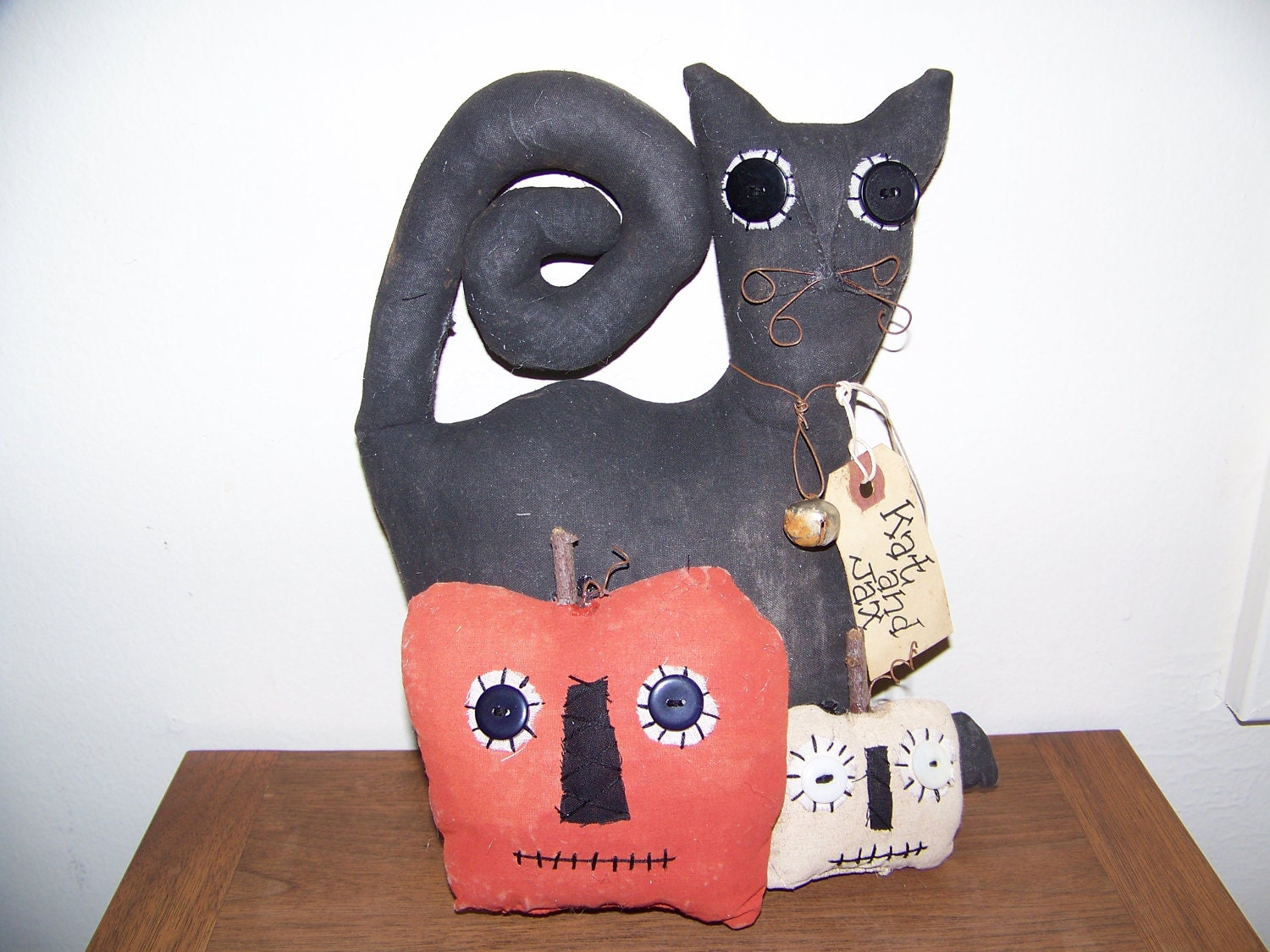 Primitive Cat and Jacks Fabric Shelf Sitter/Doll for Fall and Halloween