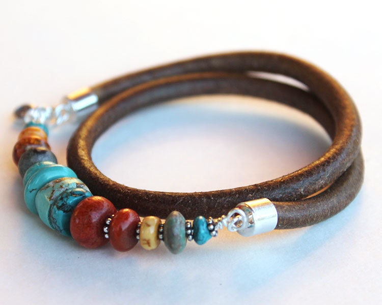 Turquoise Wrap Bracelet - turquoise, spiny oyster, coral and silver, sundance style