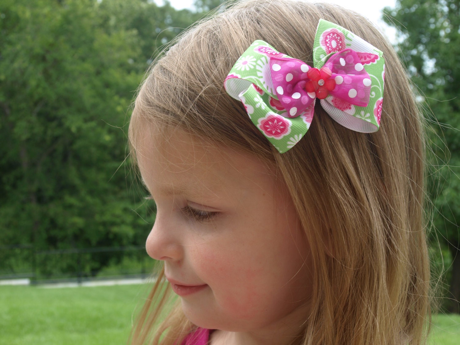 lime green and hot pink floral hair bow- flower hair clip- girls accessories