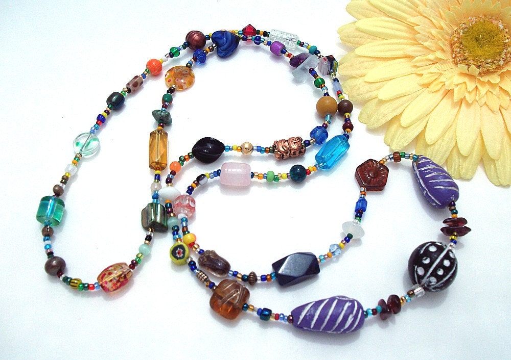 Toss On Long Necklace, Size 2, Multi Color with Glass, Ceramic, Clay, Semi-precious, Copper, Shell, and Metallic Beads
