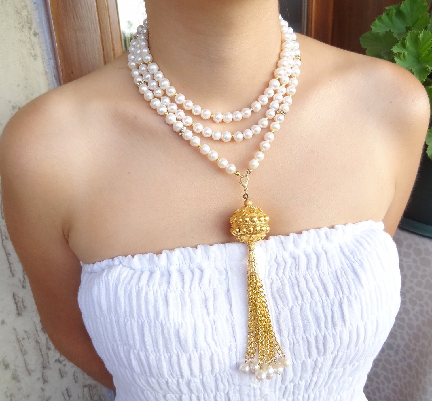 Reserved Wedding Necklace - Pearl Necklace with Gold Plated - Bridal Necklace-free shipping
