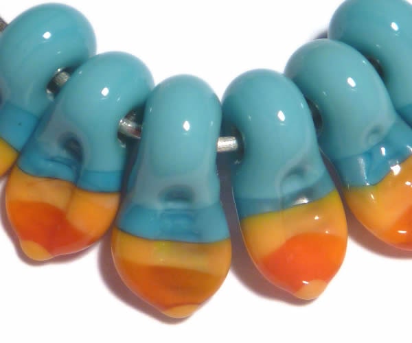 TURQUOISE Blue YELLOW ORANGE Rainbow Drops Handmade Glass Lampwork Beads Lovely Bright Colors Shaped Beads Set of 6 - hyperdoggie