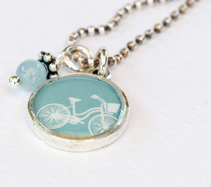 Bike Necklace Aquamarine Bicycle Necklace Antiqued Silver Bike Pendant