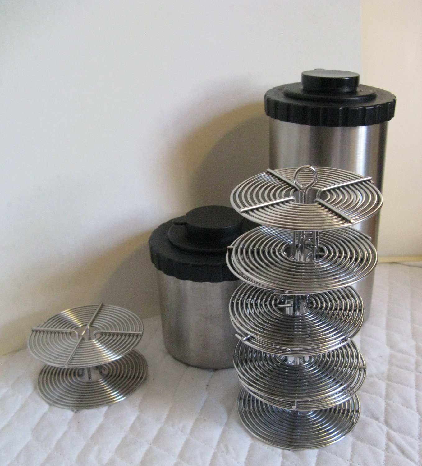 2 vintage stainless steel FILM TANKS and reels Decorative Sculptural Useful