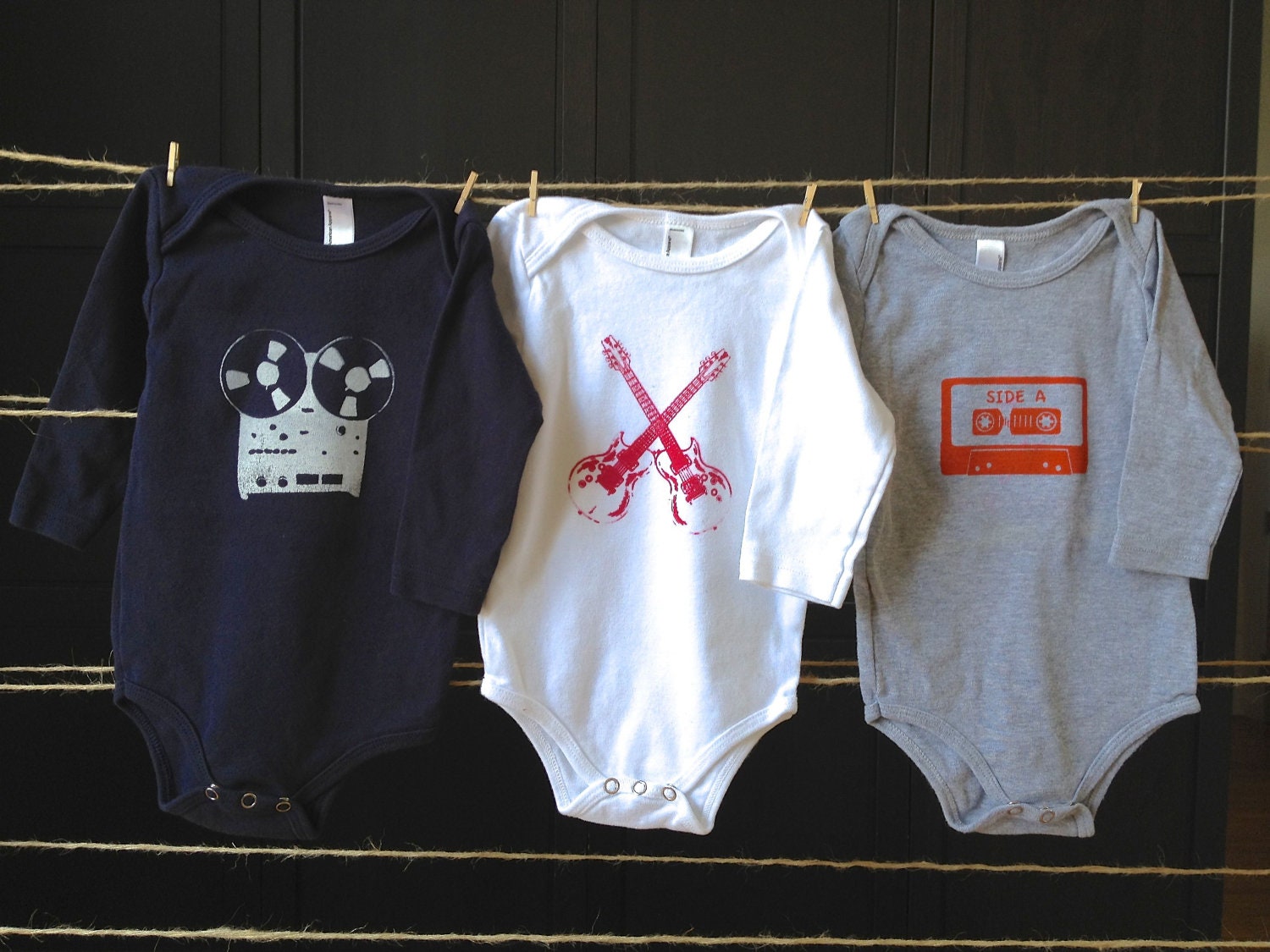Rocker 3 gift pack: Hand printed baby guitar, tape casette, and reel-to-reel designs