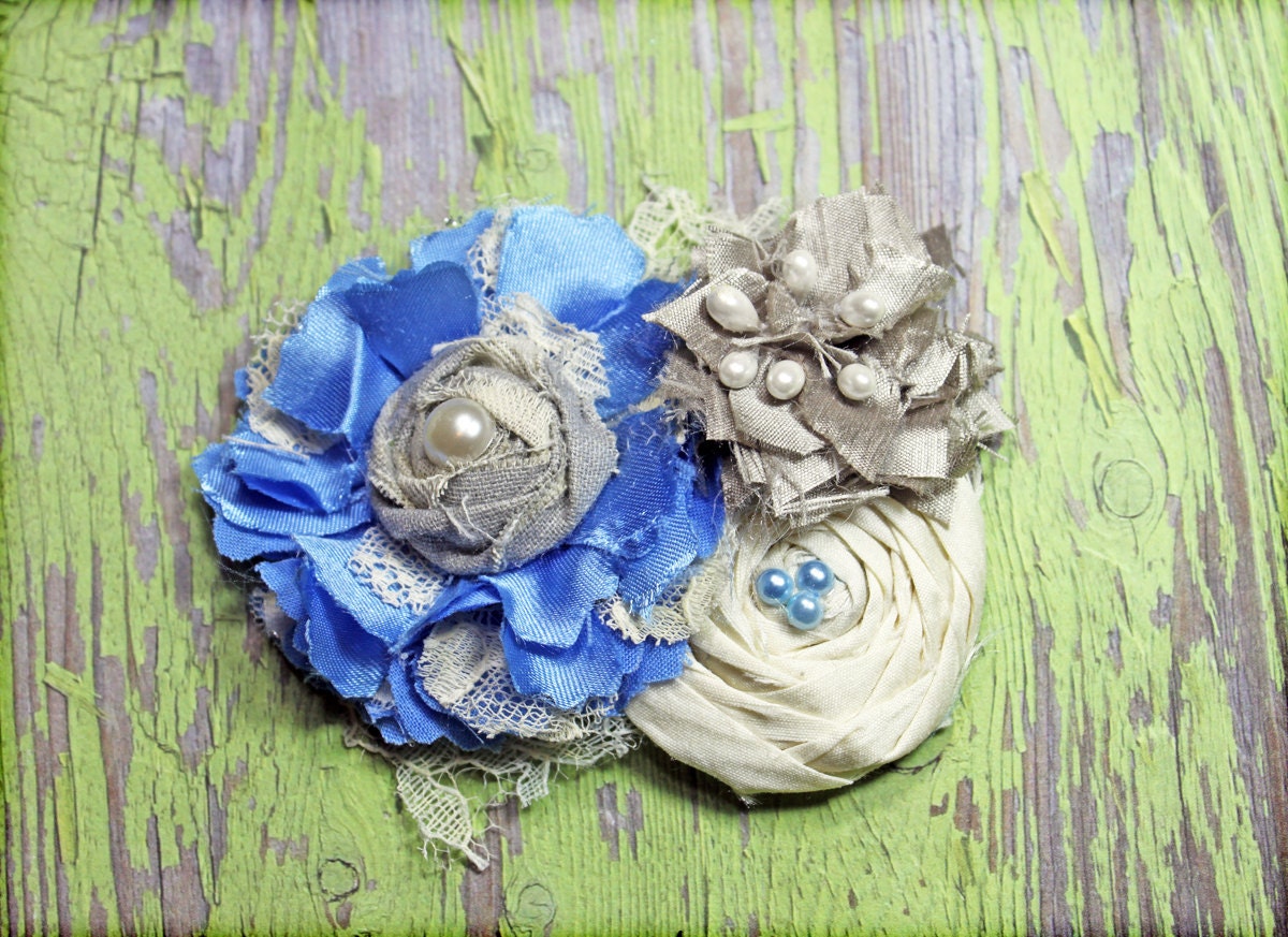 Periwinkle, Grey, Ivory, Fabric Flower Headband, Wedding Hair Accessory, Baby Girl Hair Bow, Fabric Flowers, Bridesmaids Hair Clip, Brooch