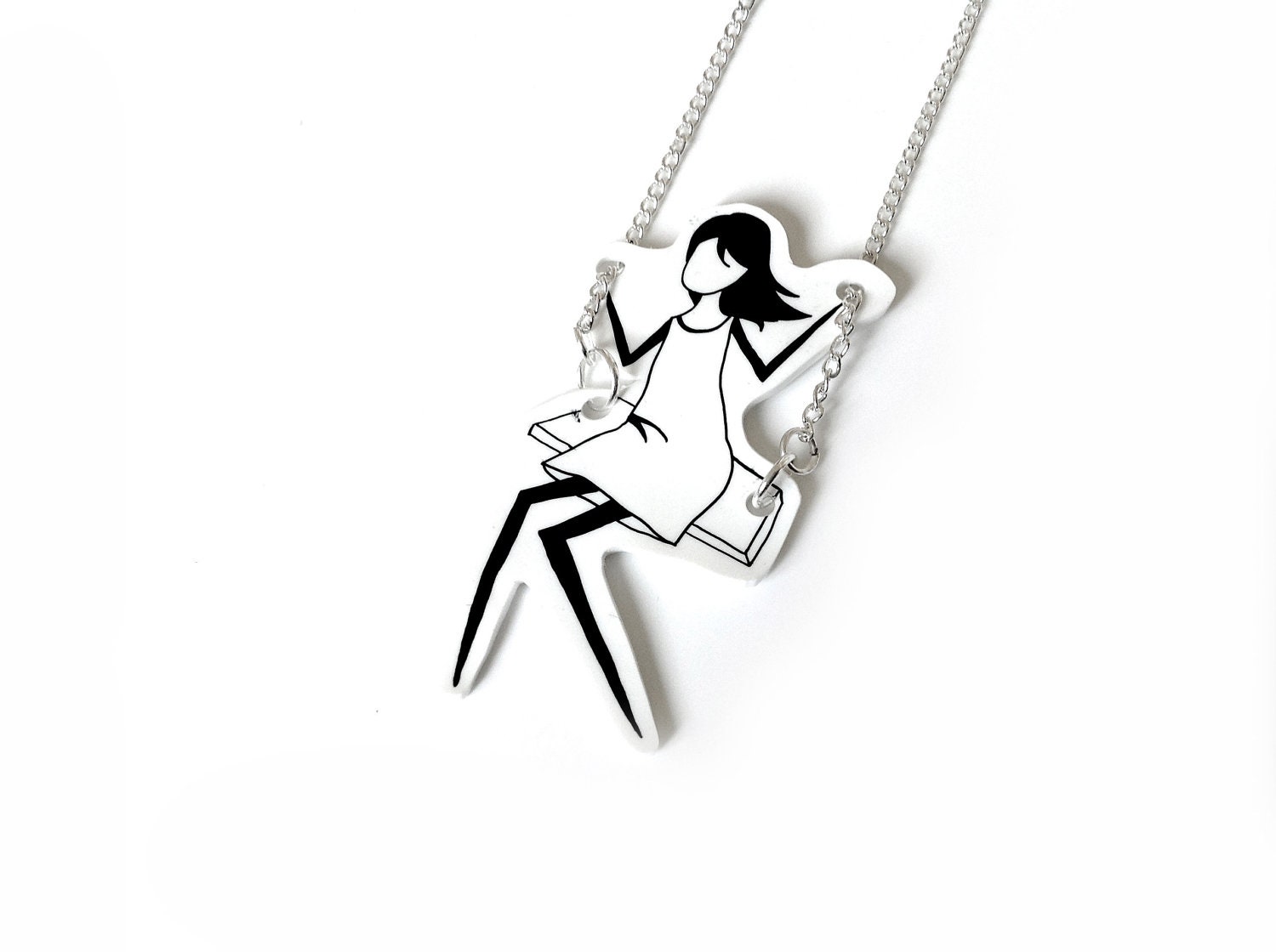 hand painted illustration on shrink plastic jewelry - Girl on a Swing
