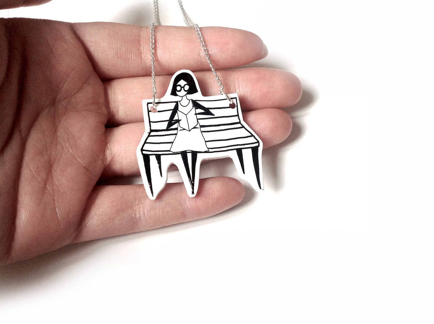hand painted illustration on shrink plastic jewelry - Bookworm