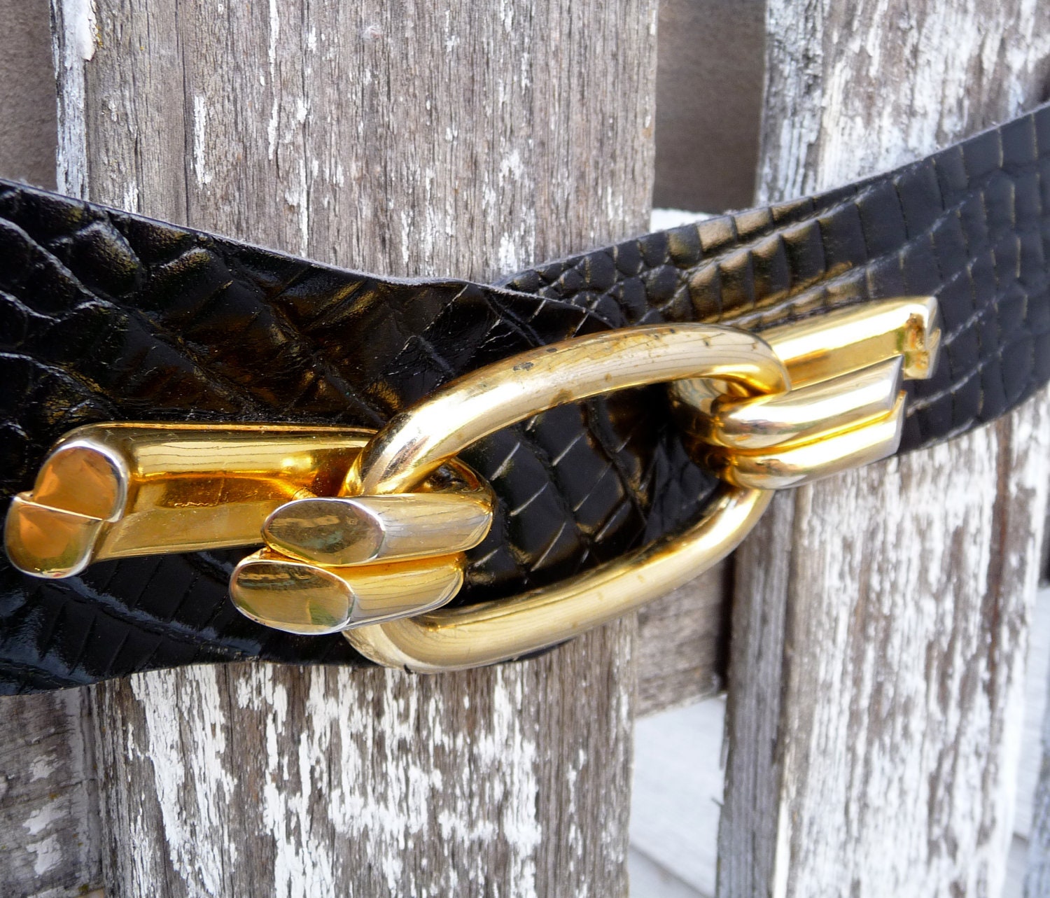 Vintage Black and Gold Leather Cinch Belt