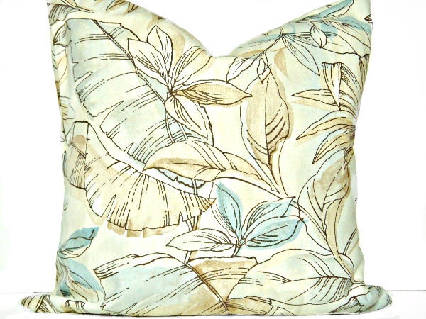 Tropical Pillow Covers Leaves Blue Aqua Mocha Brown Beige Modern Decorative Pair 18x18