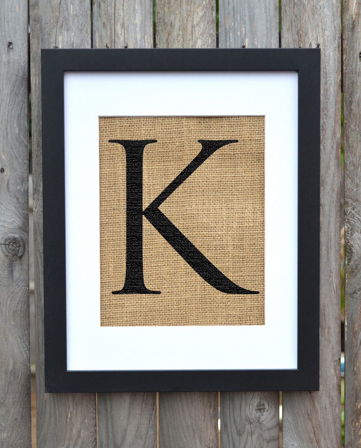 Letter K burlap framed print monogram alphabet by fiberandwater
