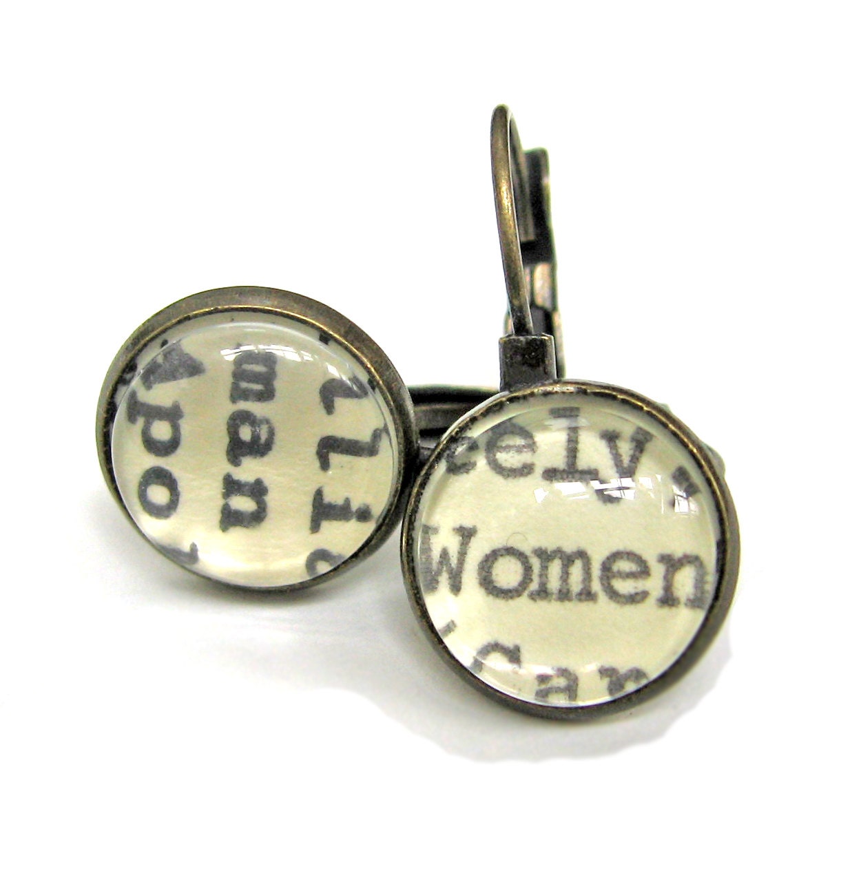 Man and Woman Women Recycled Library Card Word Earrings Patina Brass