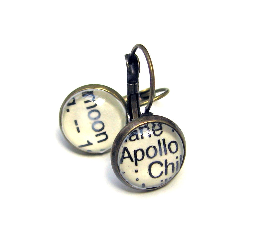Apollo Moon Space Astronomy Reclaimed Library Card Word Earrings Patina Brass
