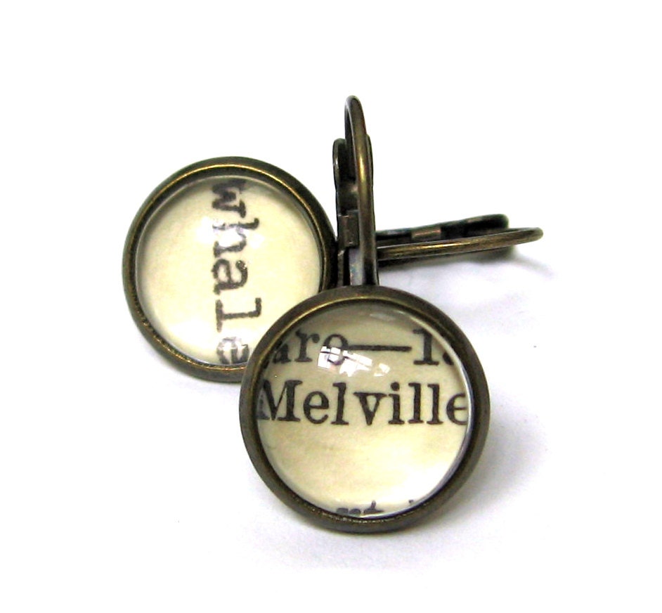 Herman Melville and Whale Moby Dick Recycled Library Card Word Earrings Patina Brass