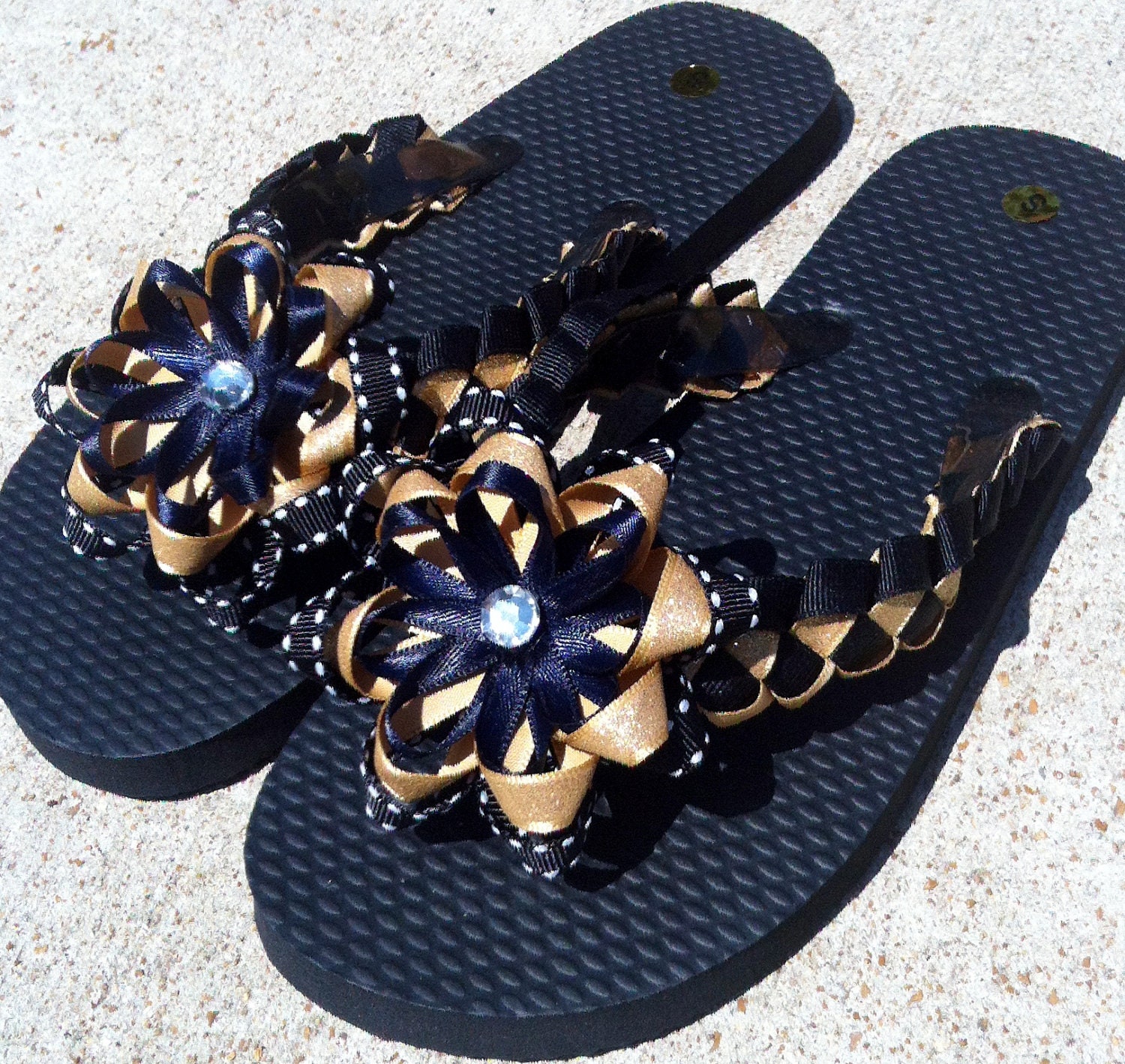 Black and Gold Embellished Ladies Flip Flops- Ladies Size S (5 to 6)