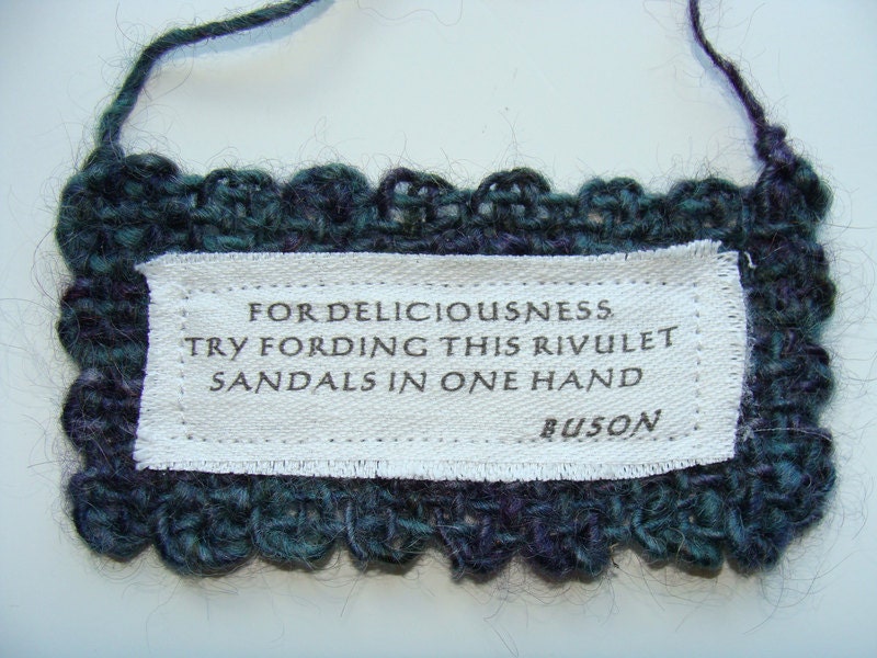 Wall Hanging Haiku Small Handwoven Ornament Fiber Art Poetry Hand Spun blue green Wool Vintage Cotton Words