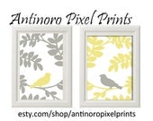 Soft Yellow Grey White Birds Vintage Modern Art Prints Collection -Set of 2 - 8x11 Prints -  (UNFRAMED)