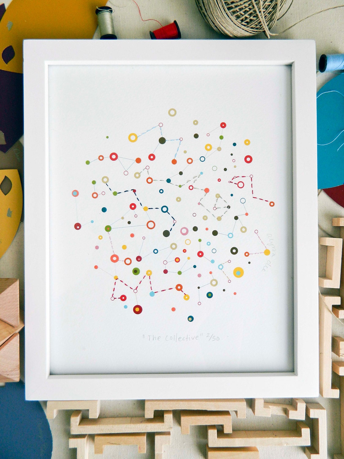 Limited Edition art print 8/50, 8 x 10 inches, "The Collective", hand-stitched archival art print, geometry, circles, constellation.