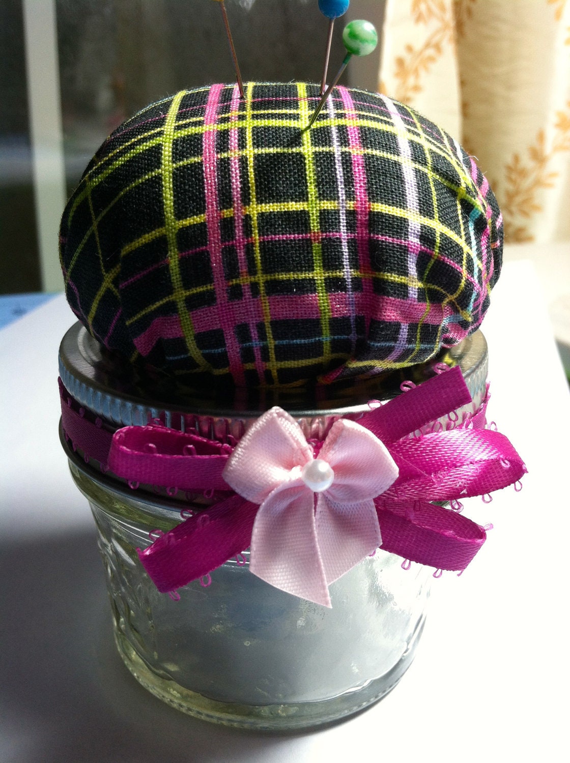 Pin Cushion Jar - Black with Neon Plaid
