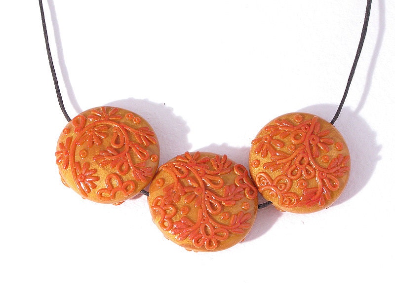 Filigree focal beads. Polymer clay gold red orange beads. FREE SHIPPING. OOAK beads. Handmade loose beads. Harvest fall golden necklace.