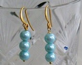 Handmade Earrings Blue pearls 14K Gold plated ware, cute, 1 inch, small. New, adorable.