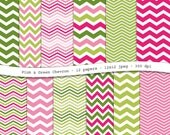 INSTANT DOWNLOAD Pink and Green Chevron digital scrapbooking paper pack - 12 printable jpeg papers, 12x12, 300 dpi