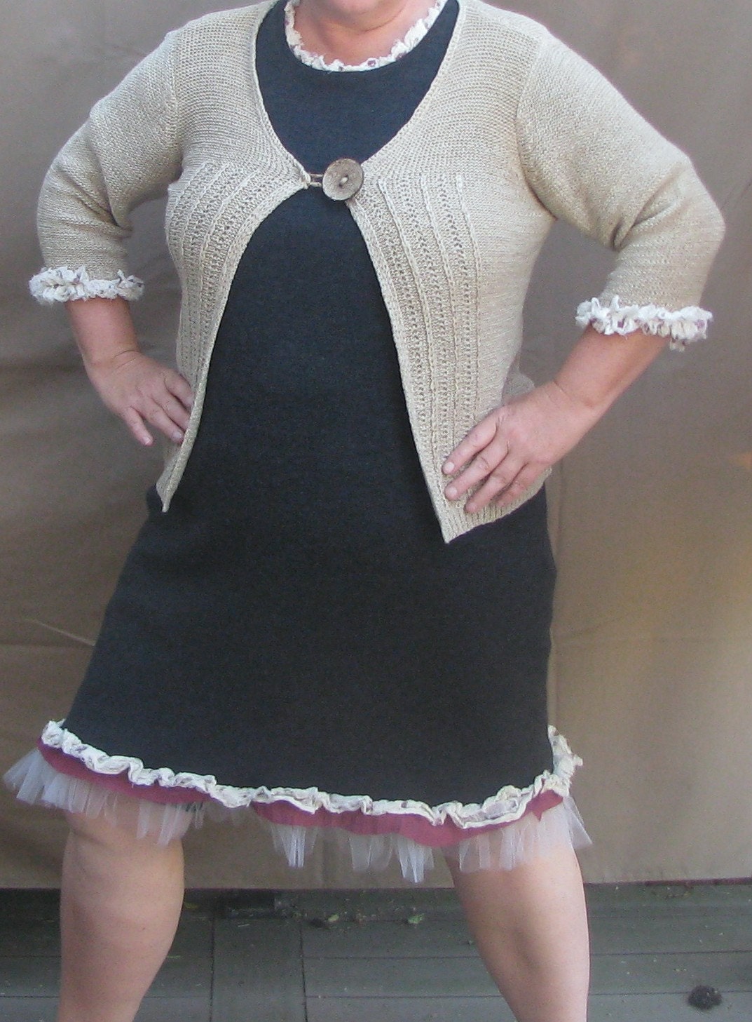 Plus size ladies/womens knit dress and jacket tulle trim 2pcs