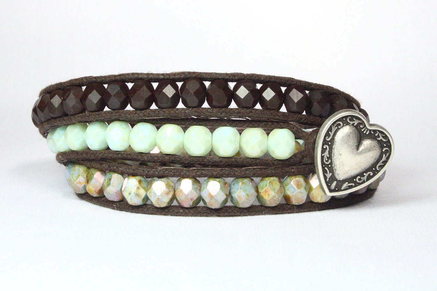 Wrap bracelet. Pistachio mint green, chocolate brown, green brown mix fire polish beads. Silver heart button. Fashion bracelet. - CarolMade Wrap bracelet. Pistachio mint green, chocolate brown, green brown mix fire polish beads. Silver heart button. Fashion bracelet. - CarolMade