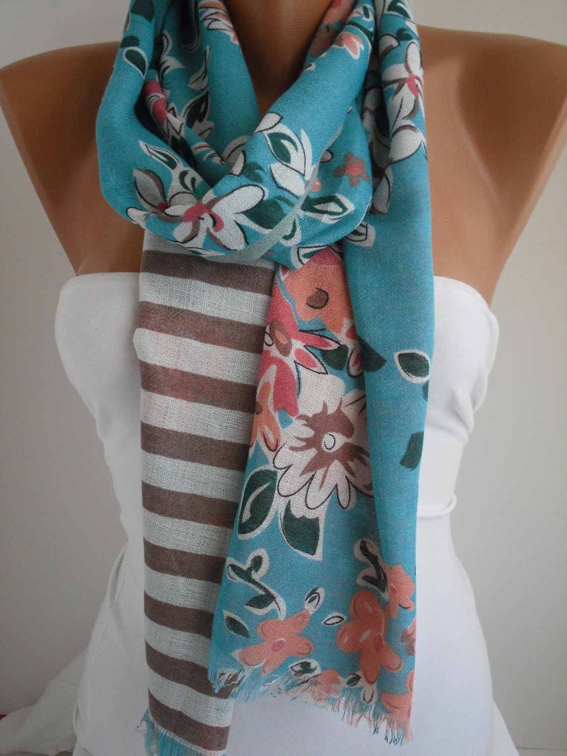Cotton Double Sided Blue Multicolor Floral Shawl/Scarf