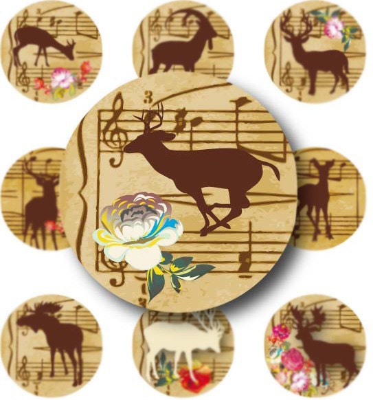Deer Flowers Notes Woodland Vintage Circles Digital Collage Sheet 1x1 inch Printable images for pendant 101