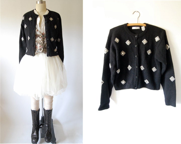 Vintage 80's cropped cardigan / rhinestone beaded / wool angora / S small