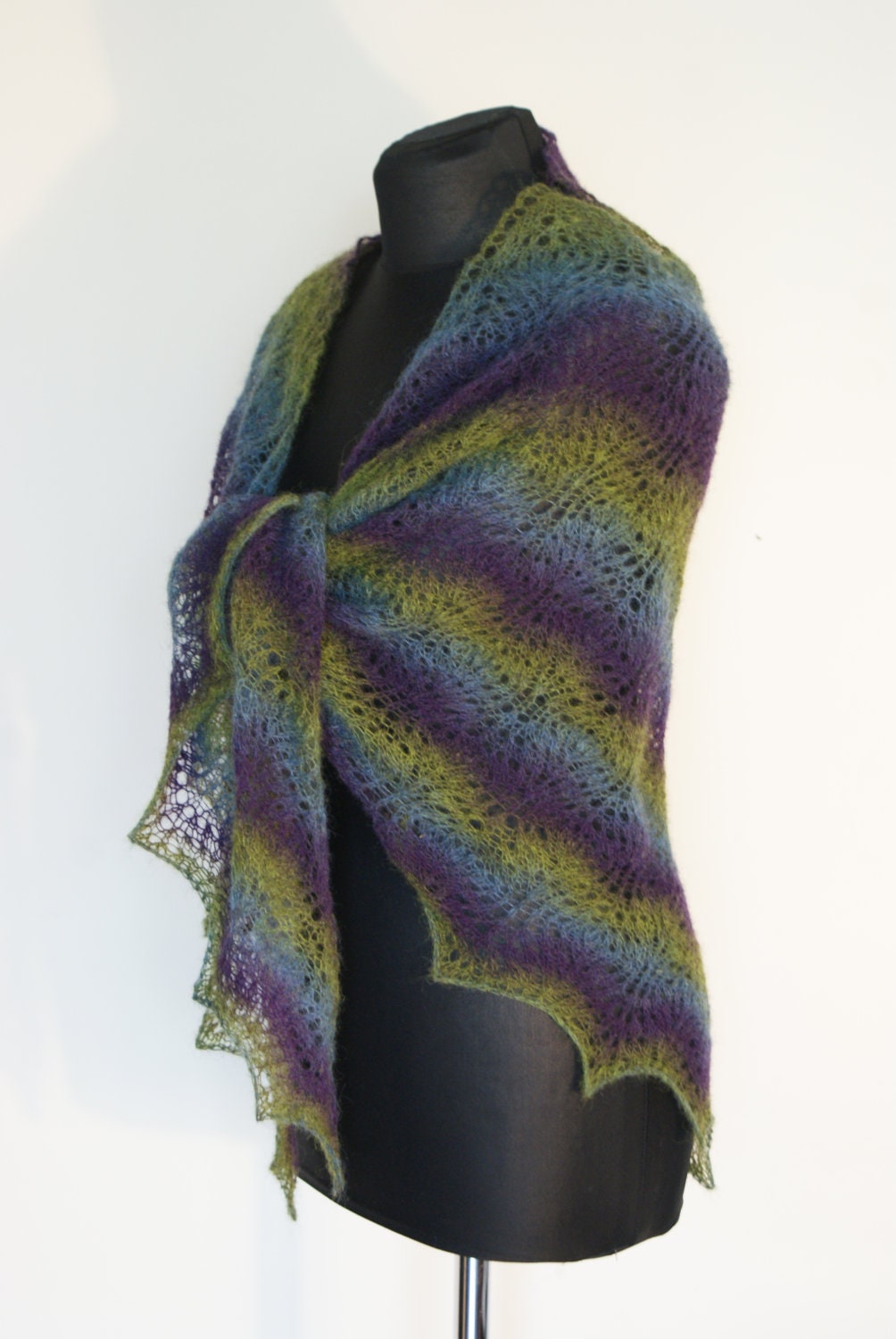 Blue Green Purple Lace Scarf Shawlette Hand Knitted. Triangular Shawl Estonian Wool Kauni Colorfull. READY TO SHIP.