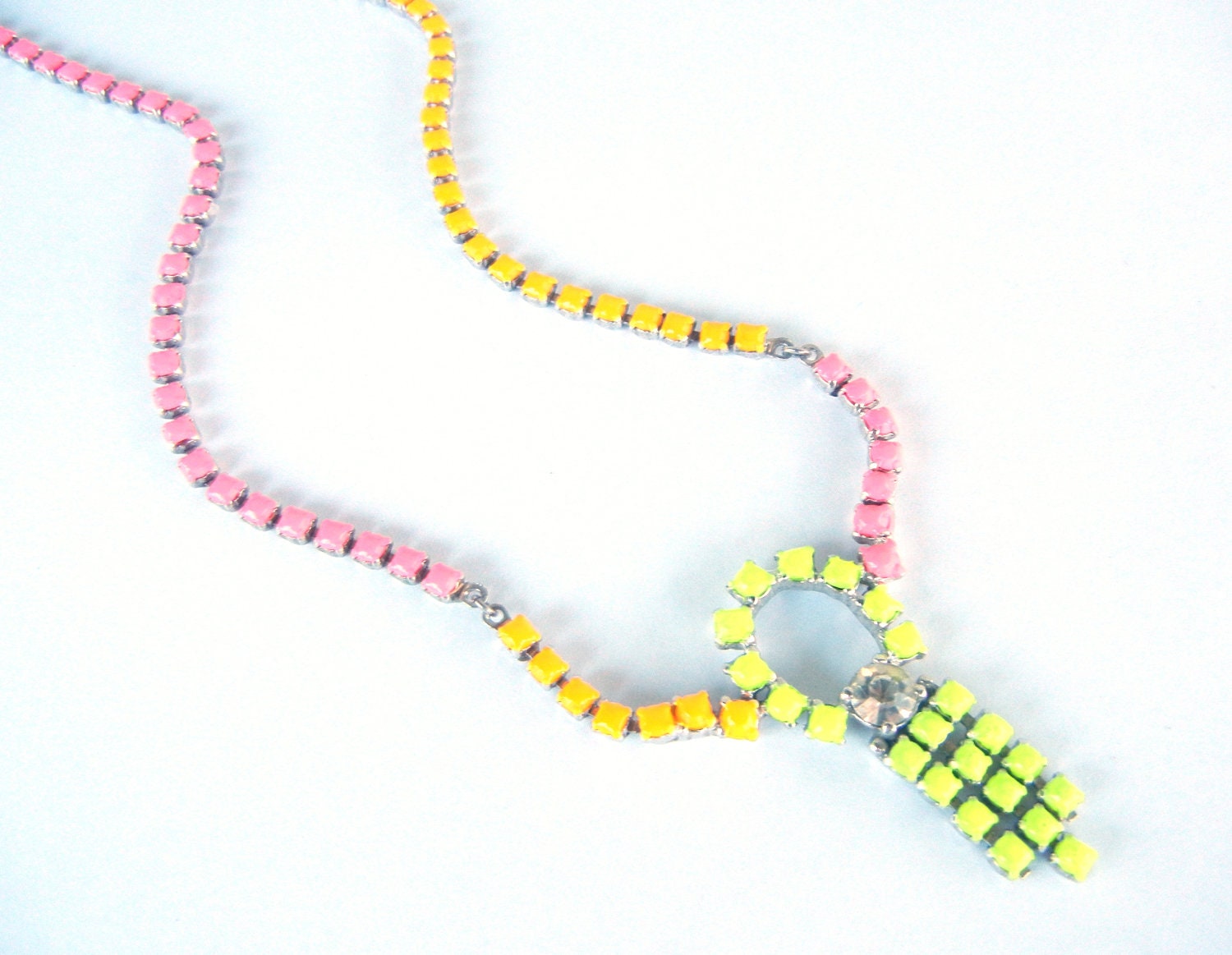 Vintage 1950s One Of A Kind Hand Painted Neon Orange Pink and Yellow Rhinestone Necklace
