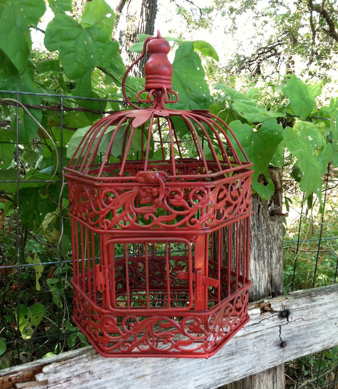 Red French Country Hexagon Birdcage / Victorian / Wedding / Table Decor