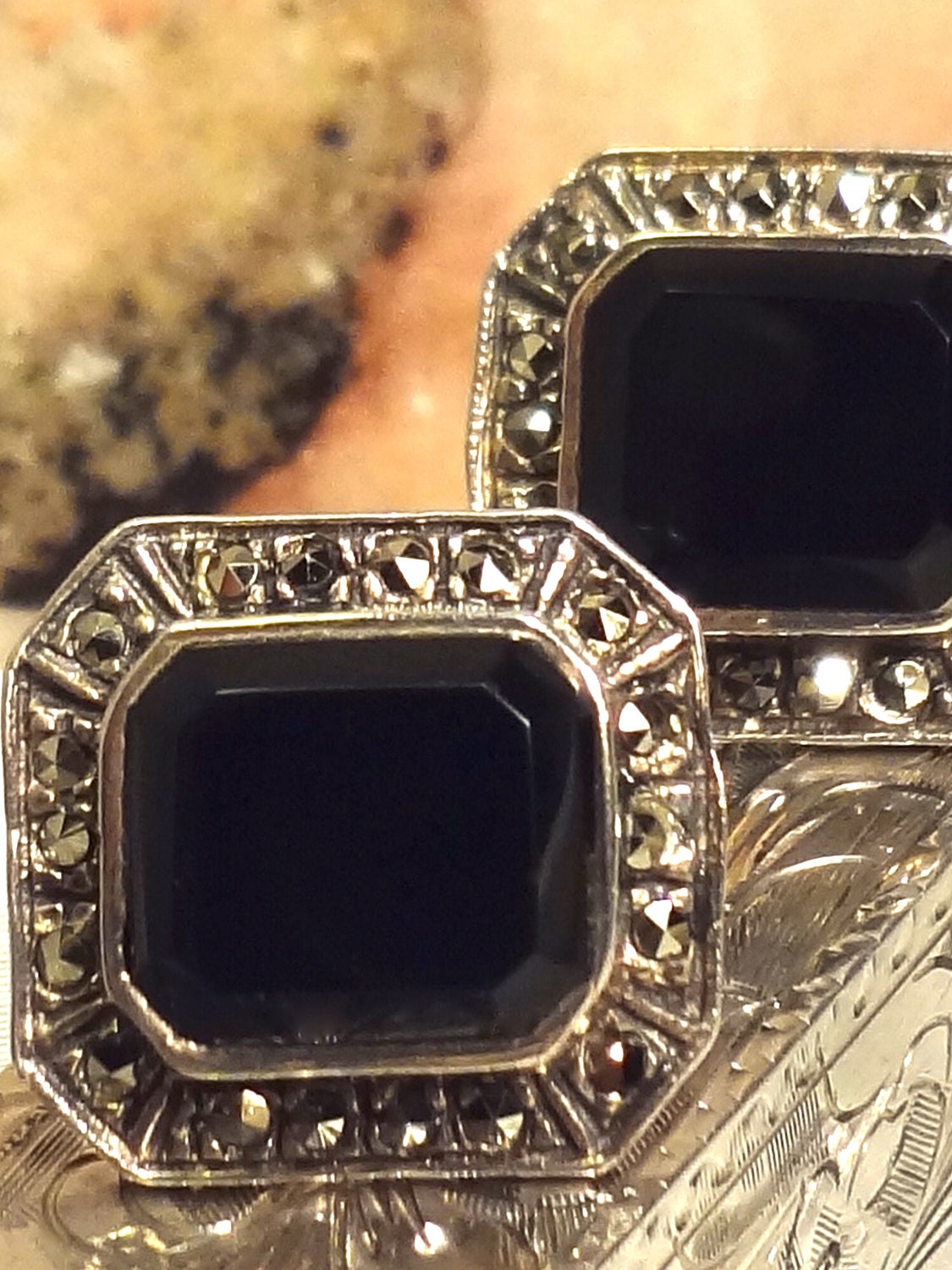 Sterling Silver Onyx & Marcasite Earrings.