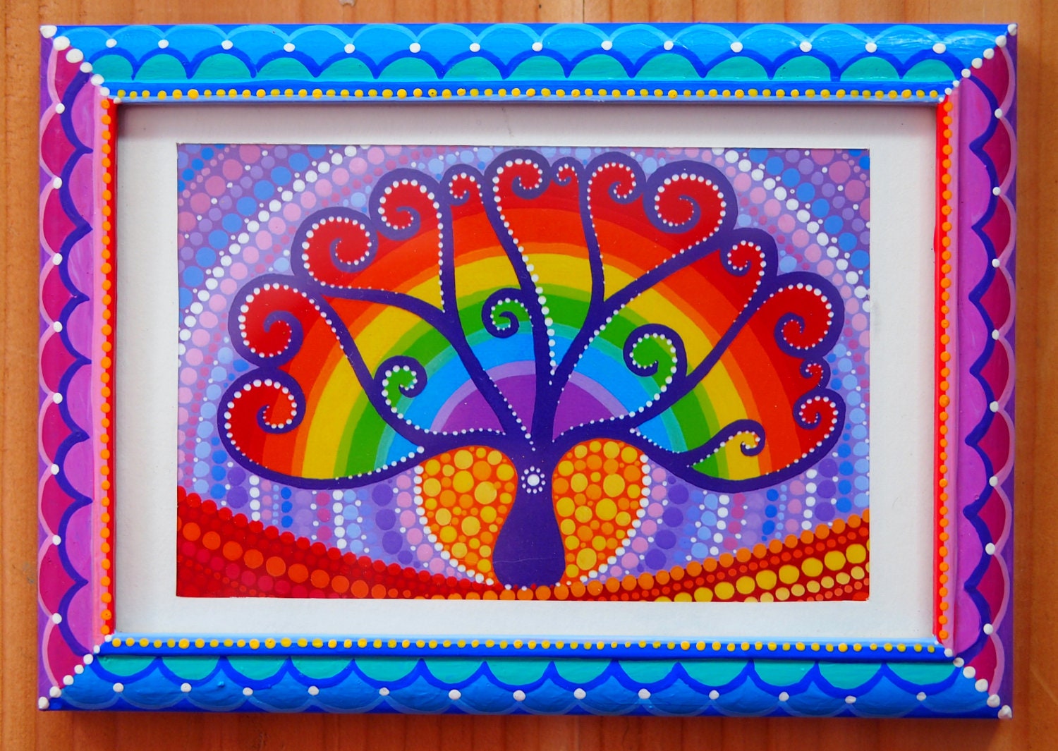 Eco friendly, colourful hand painted photo frame with print of a Rainbow Boab Tree