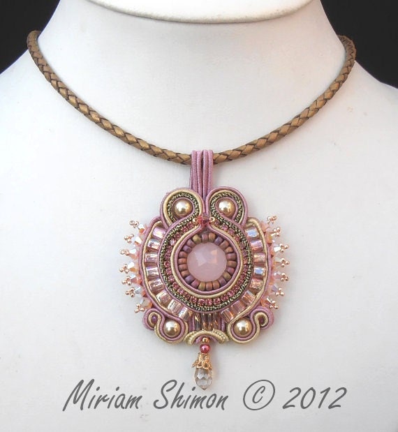 Pink and Gold Soutache beaded pendant